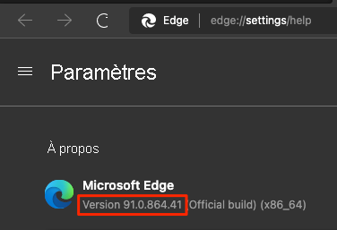 Capture d’écran de la page de paramètres de Microsoft Edge, montrant le numéro de version.