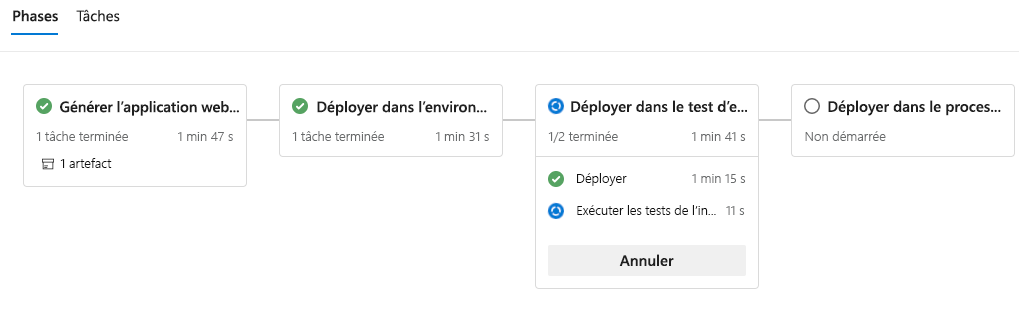 Capture d'écran d'Azure Pipelines montrant le travail en cours d'exécution.