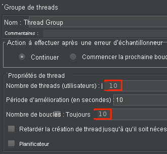 Screenshot of specifying the thread group in Apache JMeter.