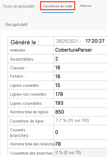 Capture d’écran d’Azure Pipelines montrant l’onglet Couverture du code, avec un récapitulatif du rapport de couverture du code montrant une couverture des lignes de 7,7 %.