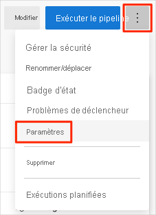 Capture d’écran d’Azure Pipelines montrant l’emplacement du menu Paramètres.