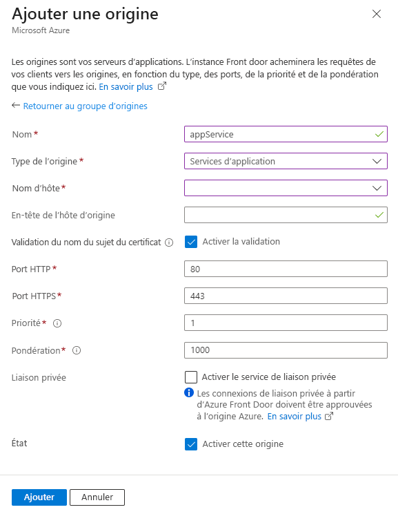 Screenshot of adding an App service origin setting in an origin group.