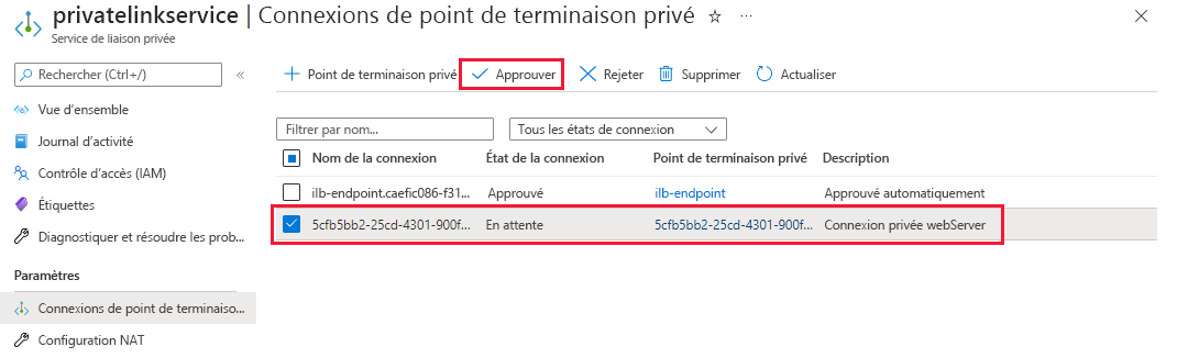 Screenshot of private endpoint connection approval list for web servers.