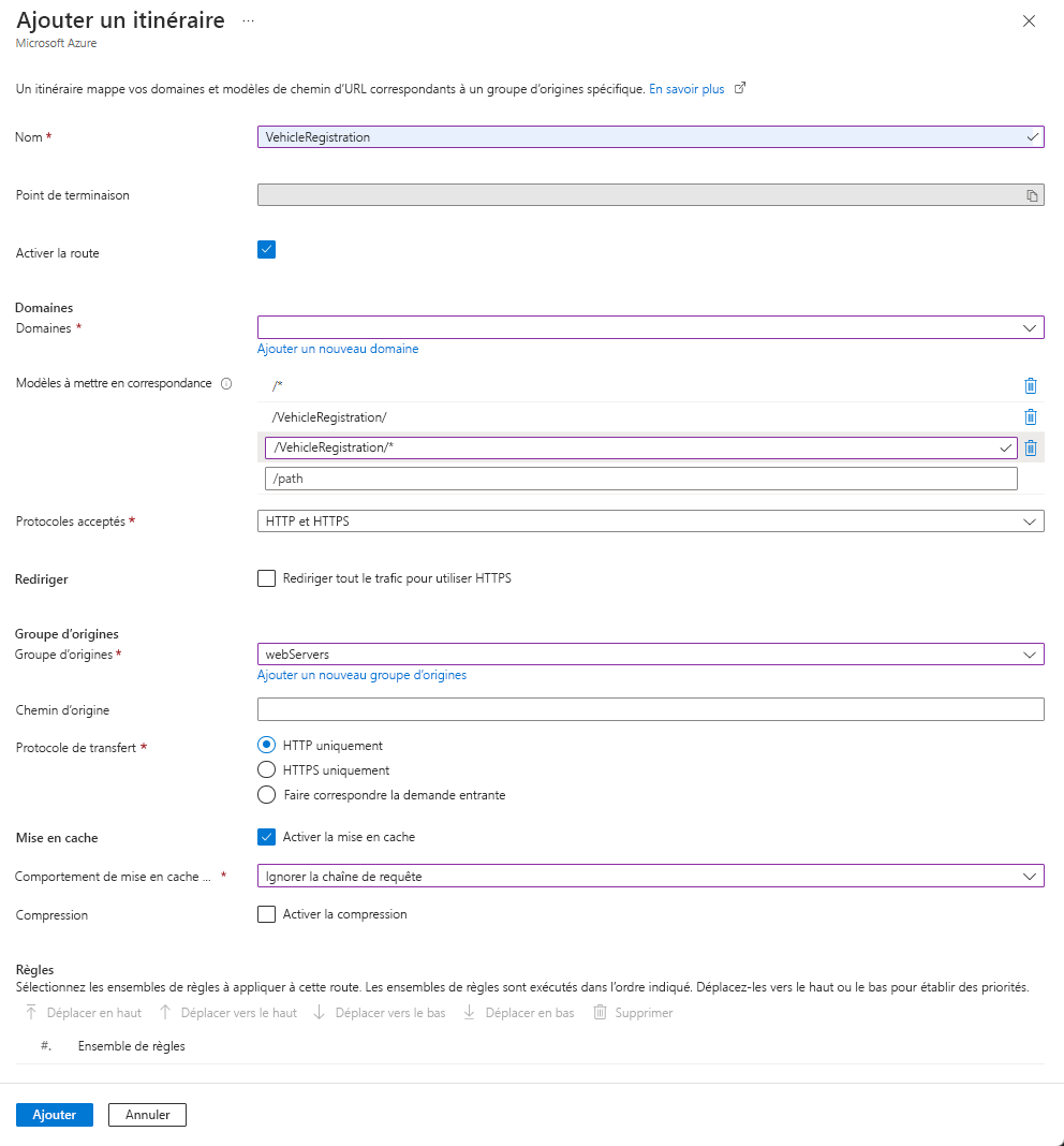 Screenshot of vehicle registration route settings.