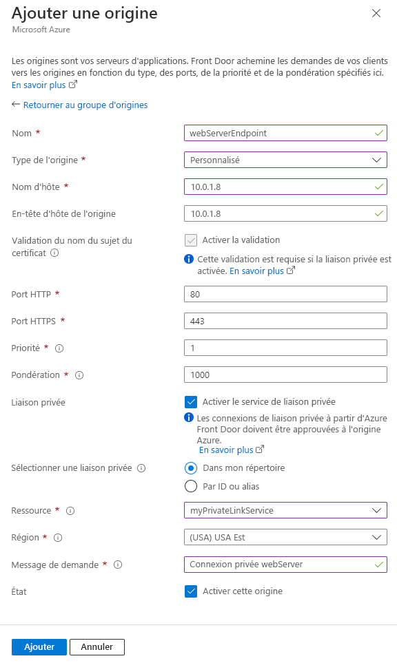 Screenshot of adding a web server origin setting in an origin group.