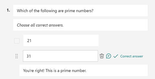 Capture d’écran du message de réponse correct personnalisé dans Microsoft Forms.