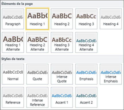 Capture d’écran des éléments de page et des styles de texte disponibles dans le groupe Styles du ruban SharePoint Online.