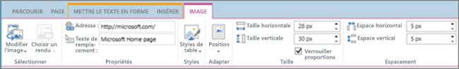 Capture d’écran d’une section du ruban SharePoint Online où l’onglet Image est sélectionné et où les groupes Sélectionner, Propriétés, Styles, Réorganiser, Redimensionner et Espacement.