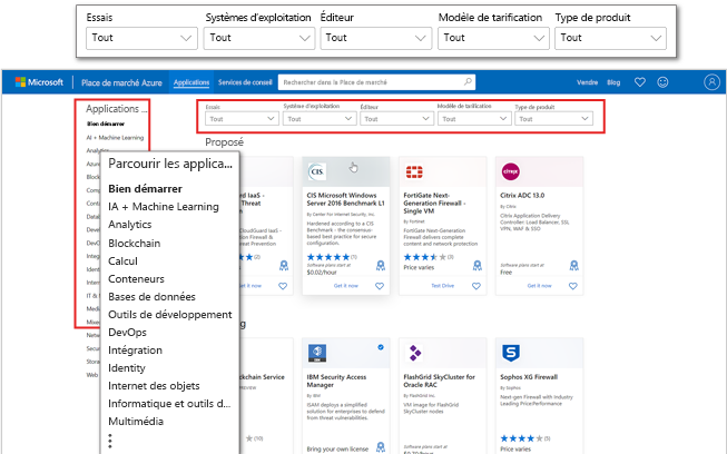 Capture d’écran de la page de destination des applications de la Place de marché Azure avec mise en évidence des catégories et des filtres d’application.