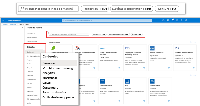 Capture d’écran de la Place de marché Azure dans le portail Azure avec mise en évidence des catégories et des filtres d’application.