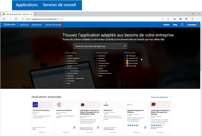 Capture d’écran de la page d’accueil de Microsoft AppSource, avec mise en évidence des boutons applications et services de conseil.