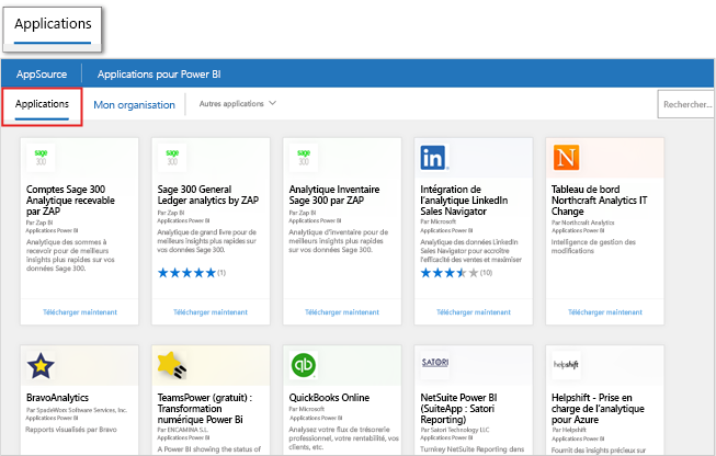 Capture d’écran de produits Microsoft AppSource à partir de la page obtenir des applications dans le produit dans Power BI.
