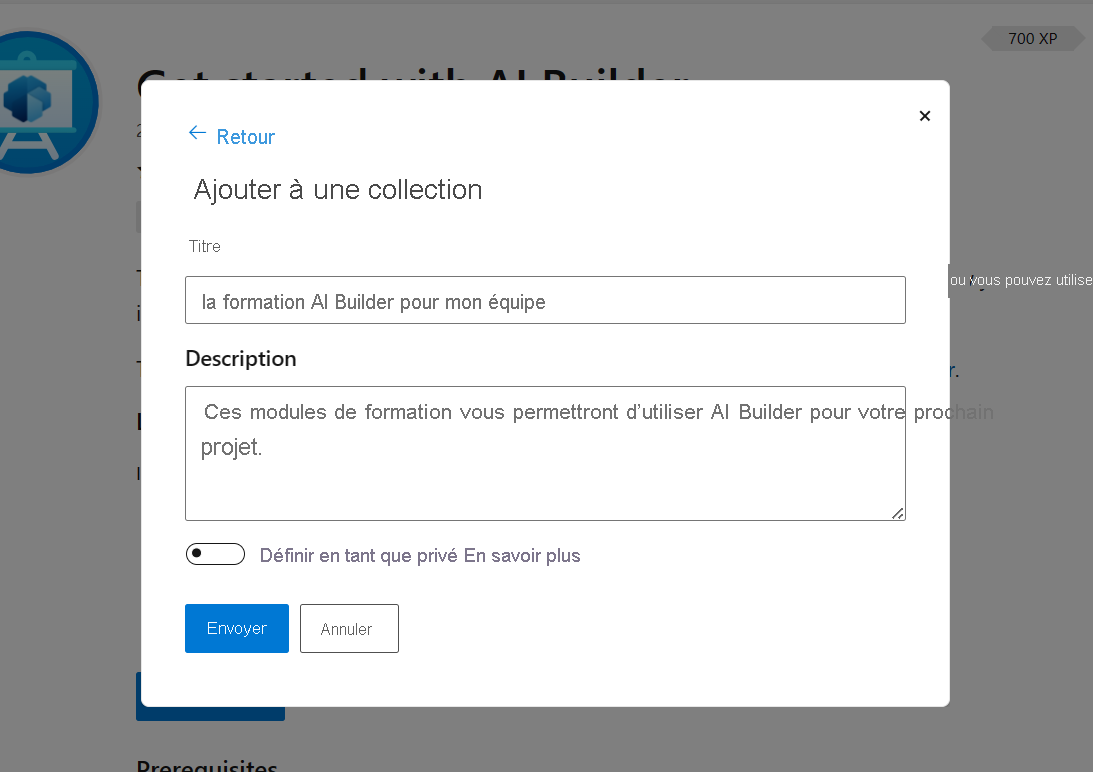 Capture d’écran montrant un champ de titre et de description d’un exemple de collection Microsoft.