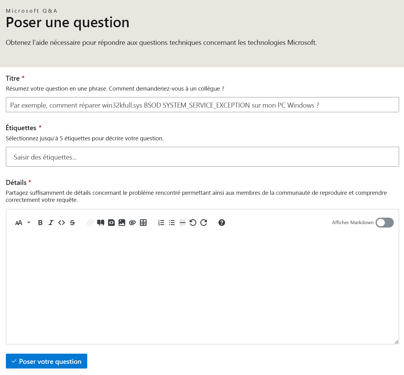 Screenshot of a blank form to post a question on Microsoft Q&A.