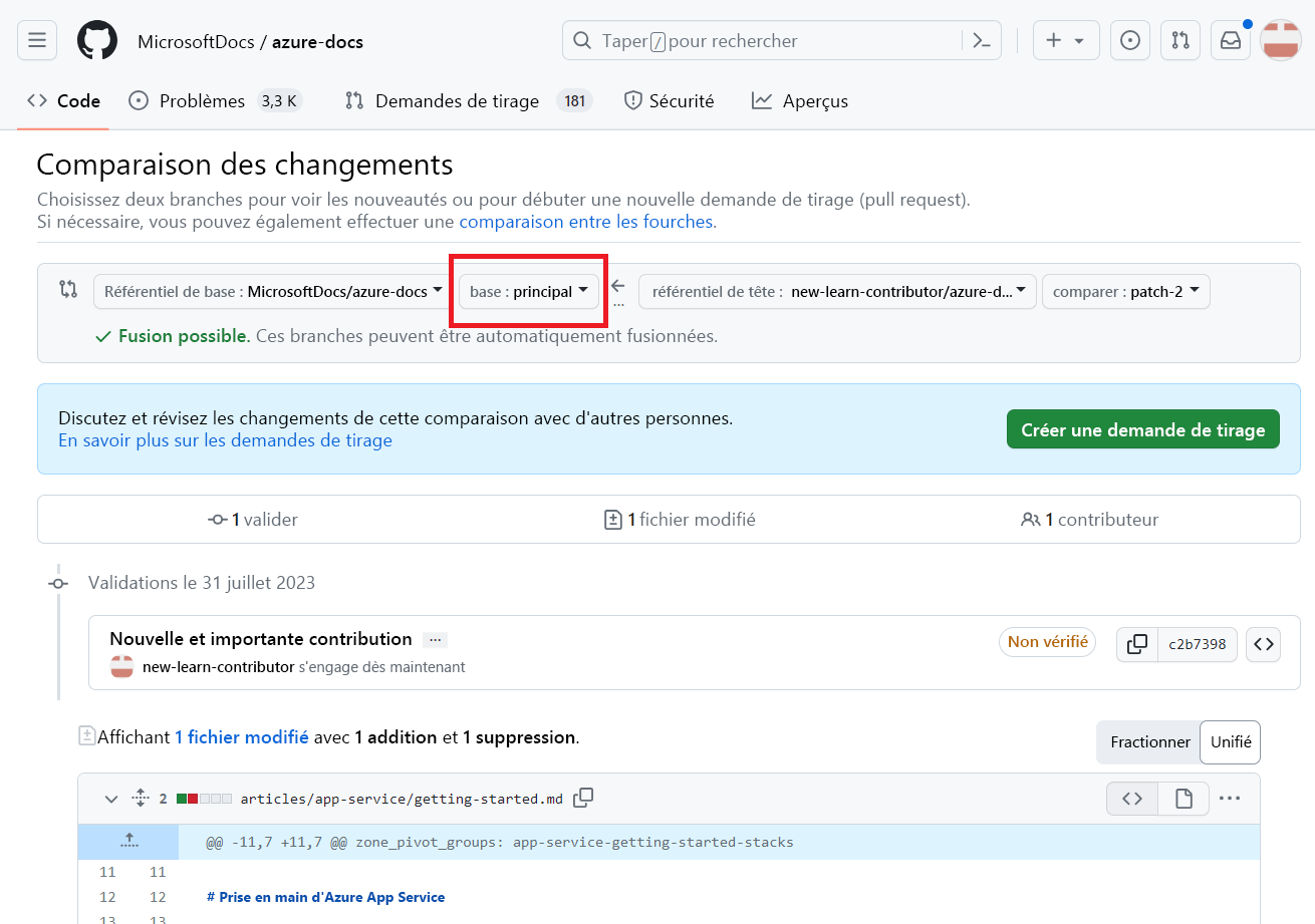 Capture d’écran de la page Web dans laquelle les contributeurs doivent vérifier le référentiel de destination et la branche vers laquelle ils souhaitent fusionner les modifications. Le principal est sélectionné en tant que base.