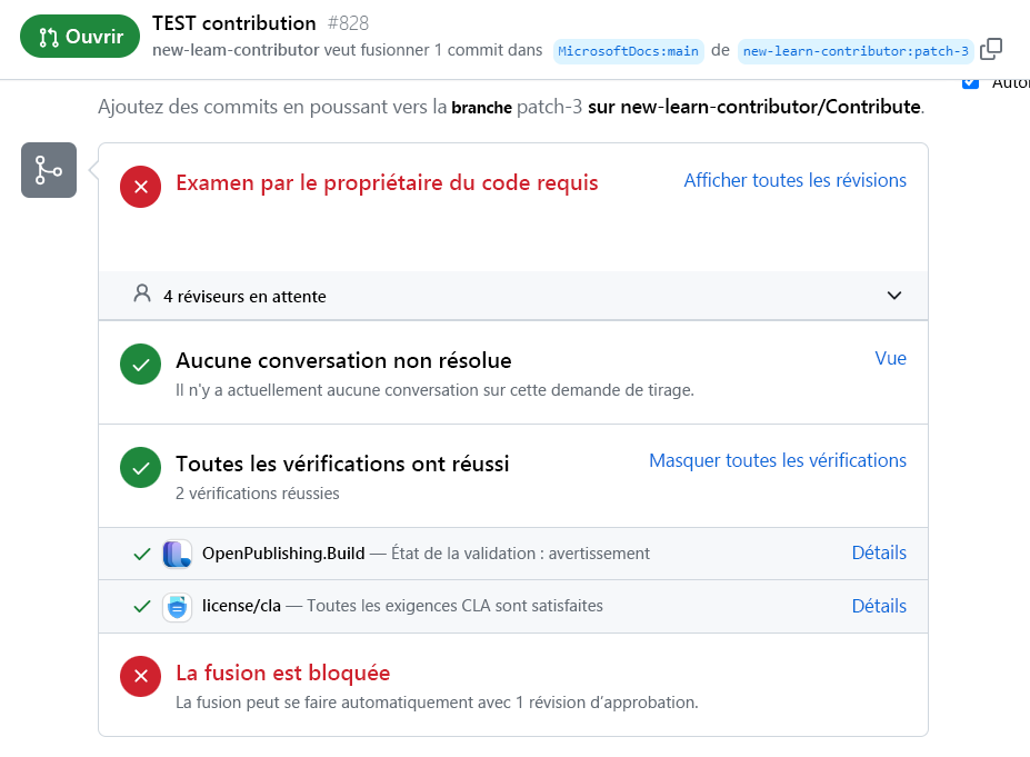 Capture d’écran de la demande de tirage (pull request) créée pendant l’exercice montrant deux vérifications de validation en cours.