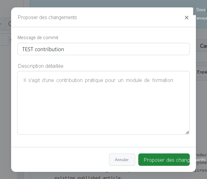 Capture d’écran du champ Message de commit renseigné avec la contribution TEST.