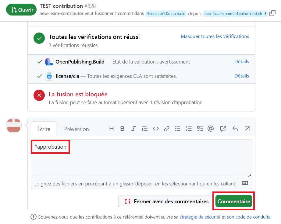 Capture d’écran du champ des commentaire avec #sign-off et le bouton Commentaire mis en surbrillance.