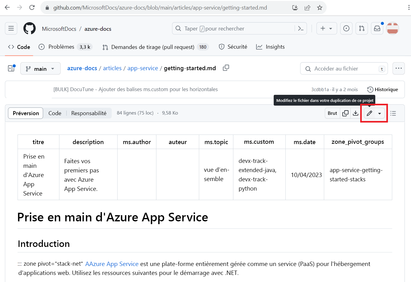 Capture d’écran du fichier source GitHub pour un article de documentation. L’icône du crayon de fichier Modifier est mise en surbrillance.