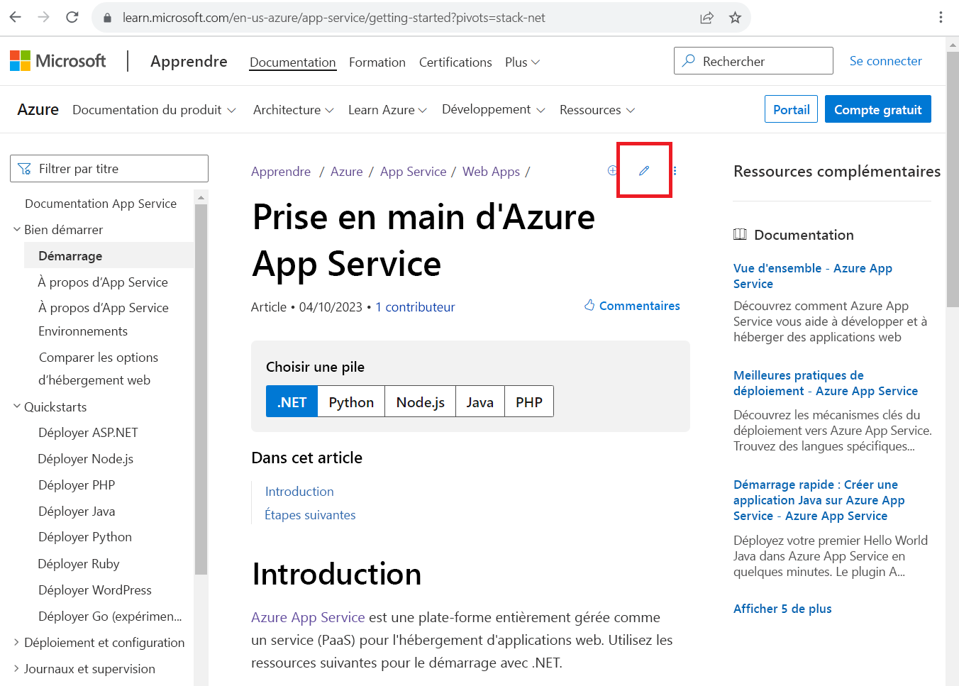 Capture d’écran d’un article de documentation Microsoft Learn avec l’icône du crayon Modifier mise en surbrillance.