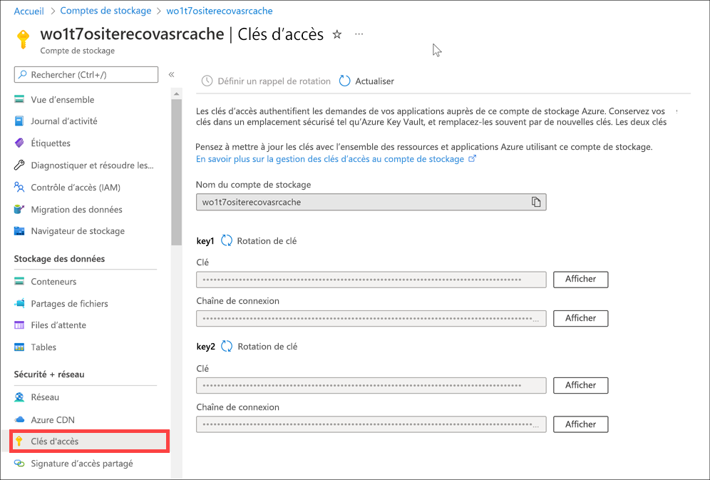 Capture d’écran montrant les clés d’accès dans le portail Azure.