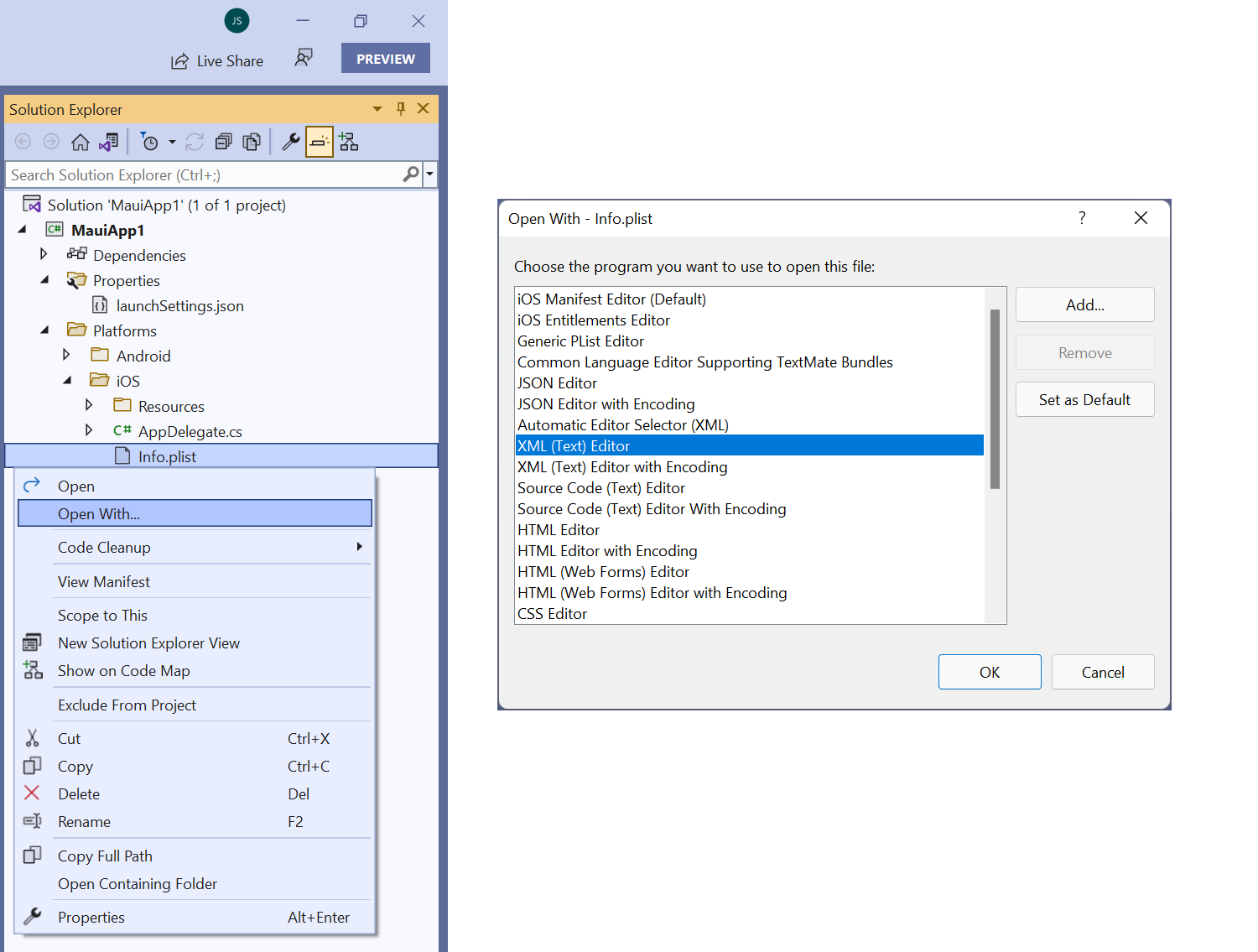 Capture d’écran du menu contextuel de gauche avec l’élément de menu Ouvrir sélectionné. À droite, la fenêtre de l’éditeur XML (texte) de Visual Studio est mise en évidence.