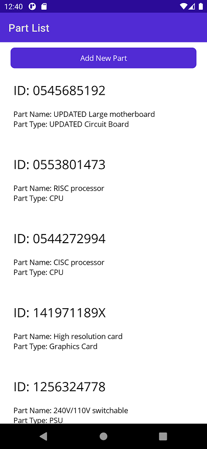 Capture d’écran de l’application en cours d’exécution avec le premier élément de la liste mis à jour.