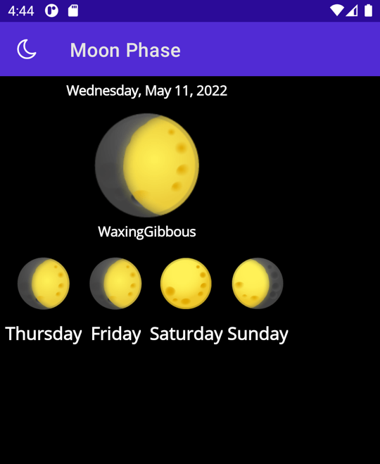 Une capture d’écran de l’application fonctionnant sur Android avec l’icône de la lune indiquant qu’un menu volant est disponible.