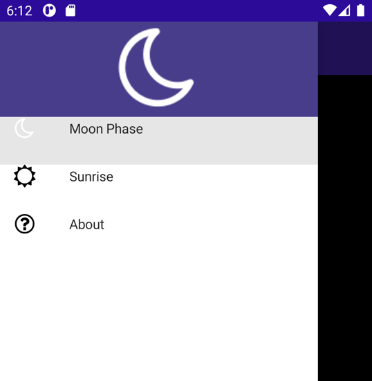 Capture d’écran de l’application en cours d’exécution avec le menu volant ouvert. Cette fois-ci, il y a un en-tête sur le menu volant, avec une icône de la lune.