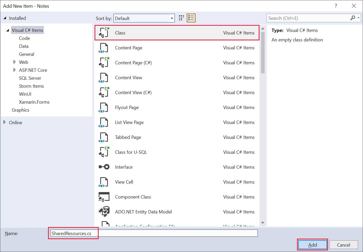Capture d’écran de la boîte de dialogue Ajouter un nouvel élément. L’utilisateur ajoute une classe appelée SharedResources.