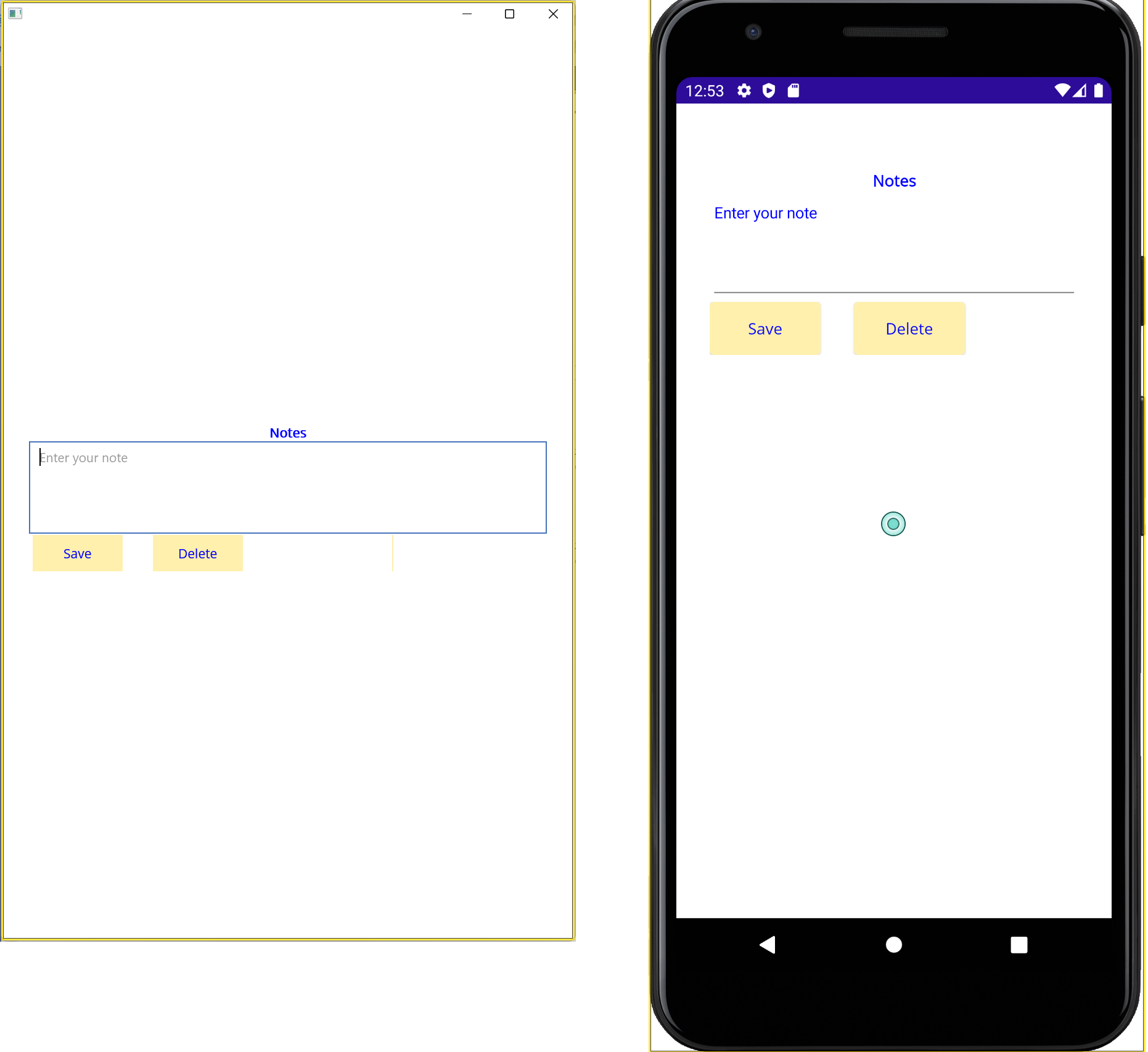 Capture d’écran de l’application Notes exécutée sur Windows et Android. Les couleurs du texte et de l’arrière-plan ont été mises à jour avec les changements apportés.