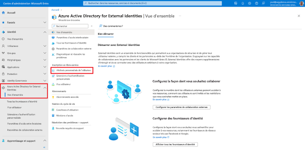 Capture d’écran du panneau Vue d’ensemble des identités externes avec la navigation de gauche mettant en évidence les attributs utilisateur personnalisés.