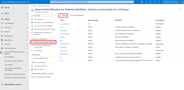 Capture d’écran du panneau Attributs utilisateur personnalisés des identités externes avec un bouton intitulé Ajouter dans la barre d’outils mise en surbrillance.