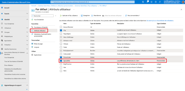 Capture d’écran du panneau Attributions utilisateur pour le flux utilisateur intitulé Par défaut montre une liste d’attributs activés pour le flux utilisateur. L’attribut intitulé SpecialDiet est mis en surbrillance.