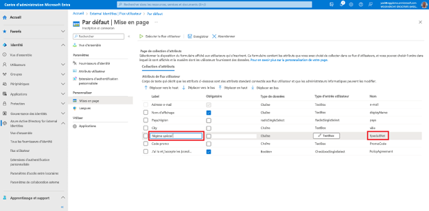 Capture d’écran du panneau Mises en page pour le flux utilisateur intitulé Valeur par défaut montrant l’ordre des attributs présentés aux utilisateurs lors de l’inscription. L’attribut nommé Régime spécial est mis en surbrillance.