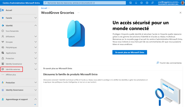 Capture d’écran de la page d’accueil du centre d’administration Microsoft Entra avec un élément de navigation gauche intitulé Identités externes mis en évidence.