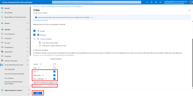 Capture d’écran du panneau Créer dans Flux d’utilisateurs dans Identités externes qui met en évidence les éléments cochés Ville, Pays ou Région et Nom complet en tant qu’attributs à collecter lors de l’inscription, ainsi que le lien Afficher plus en dessous pour obtenir des options supplémentaires. Le bouton en bas, intitulé Créer, est mis en évidence.