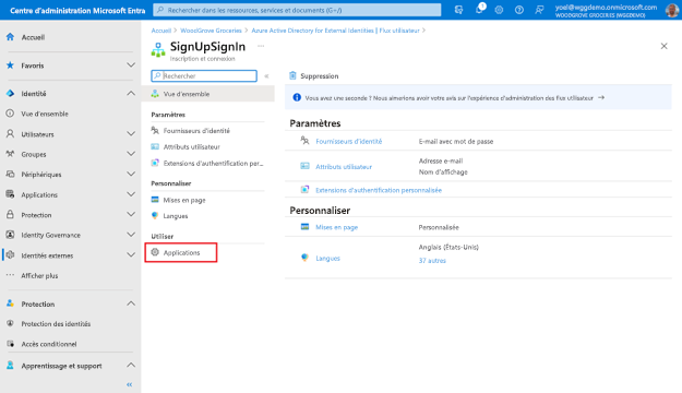 Capture d’écran du panneau Vue d’ensemble du flux d’utilisateur pour le flux d’utilisateur intitulé SignUpSignIn, où l’élément de navigation de gauche intitulé Applications est mis en évidence.