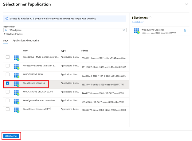 Capture d’écran du volet Sélectionner une application qui s’ouvre à droite et met en évidence une application sélectionnée intitulée Woodgrove Groceries. Le bouton en bas, intitulé Sélectionner, est mis en évidence.