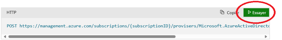 Capture d’écran du bouton intitulé Essayer mis en évidence du côté droit de l’en-tête de code de requête HTTP. La requête HTTP vérifie la disponibilité et la validité d’un nom de domaine pour le locataire.