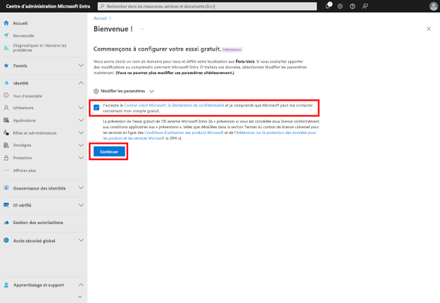 Capture d’écran comportant deux rectangles rouges, le premier mettant en évidence la case à cocher pour accepter le Contrat client Microsoft et la déclaration de confidentialité, et le second mettant en évidence le bouton Continuer.