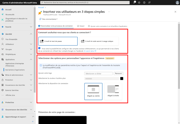 Capture d’écran du guide « Connecter à vos utilisateurs en 3 étapes faciles », avec les champs « Comment voulez-vous que vos clients se connectent ? » et « Sélectionner des options pour personnaliser l’apparence » mis en évidence.