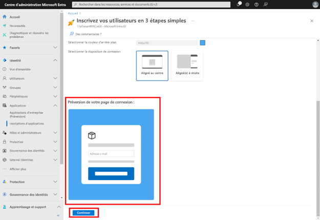Capture d’écran mettant en évidence la page « Aperçu de votre page de connexion » et un bouton intitulé Continuer.