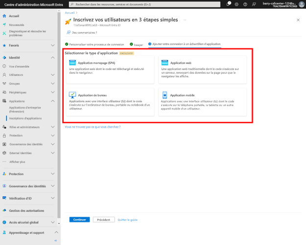 Capture d’écran de la section Sélectionner votre type d’application mise en évidence.
