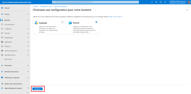 Capture d’écran de Choisir une configuration pour votre locataire. Le groupe de choix Externe est sélectionné.