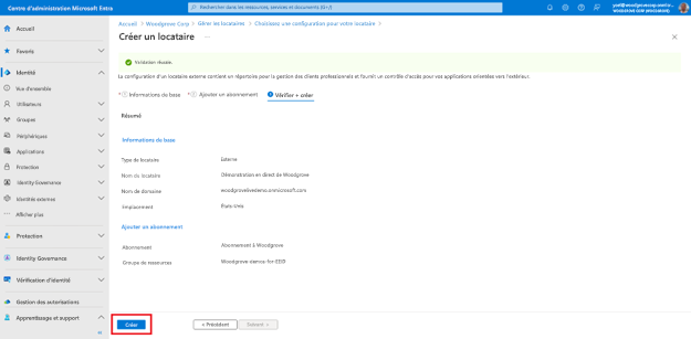 Capture d’écran de la navigation de l’Assistant Création d’un locataire avec la troisième étape intitulée Vérifier + créer sélectionnée. La case d’informations verte confirme que la validation a réussi. Le bouton situé en bas de l’Assistant intitulé Créer est mis en évidence.