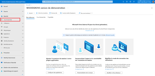 Capture d’écran de la page Vue d’ensemble des identités avec Vue d’ensemble mise en évidence dans la barre latérale.