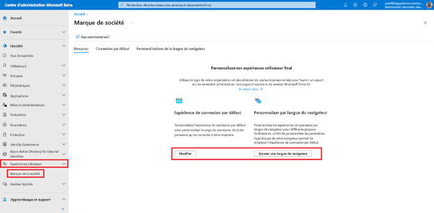 Capture d’écran du volet de navigation gauche du Centre d’administration Microsoft Entra mettant en évidence les expériences utilisateur et la personnalisation de l’entreprise, et le panneau Personnalisation de l’entreprise mettant en évidence deux boutons Modifier et ajouter une langue de navigateur sous l’onglet Prise en main.