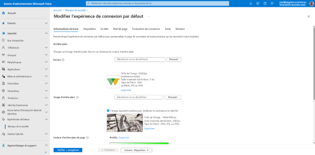 Capture d’écran de la navigation de l’Assistant Modifier l’expérience de connexion par défaut avec le premier onglet Informations de base sélectionné. Les paramètres permettant de configurer favicon, l’image d’arrière-plan et la couleur d’arrière-plan de page sont affichés.