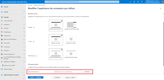 Capture d’écran de l’onglet Disposition du panneau Modifier l’expérience de connexion par défaut mettant en surbrillance le champ pour charger le CSS personnalisé.